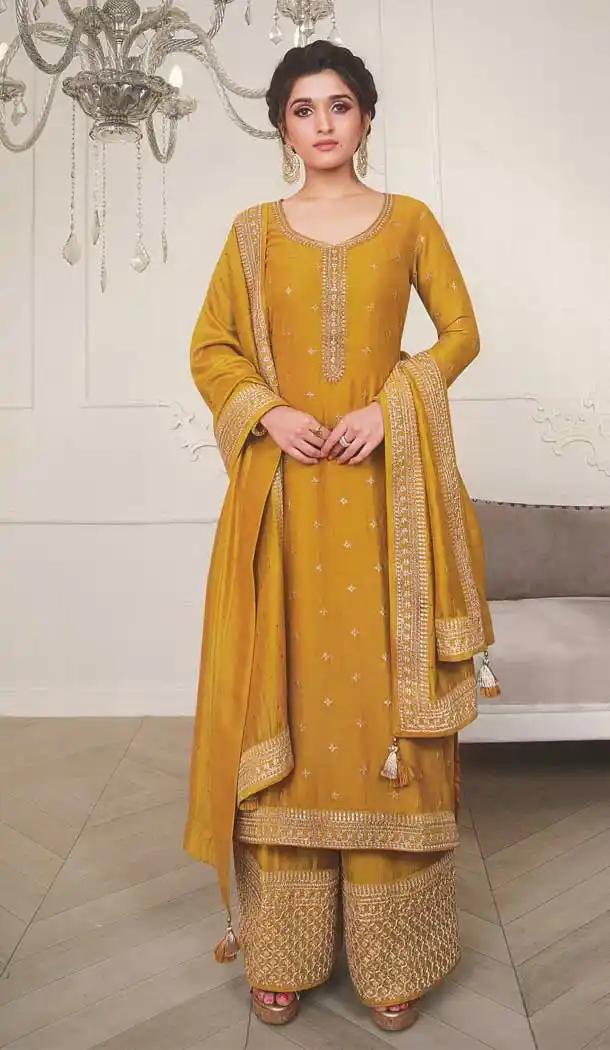 Bashful Yellow Color Silk Georgette Festive Wear Palazzo Suit -2244137464