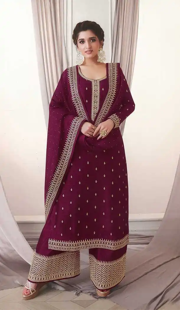 Graceful Wine Color Silk Georgette Designer Festive Wear Palazzo Suit -2244137467