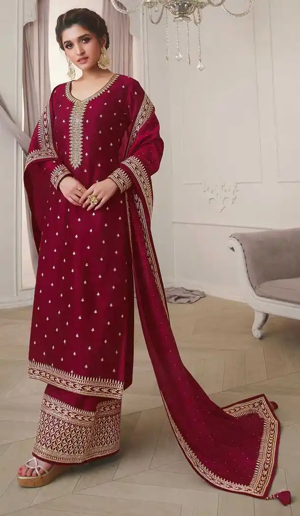 Rose Pink Color Silk Georgette Designer Festive Wear Palazzo Suit -2244137469