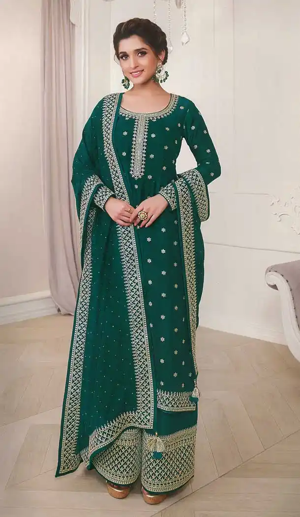 Rama Green Color Silk Georgette Designer Festive Wear Palazzo Suit -2244137470