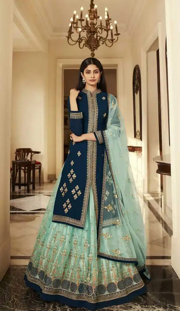 Teal Blue Color Faux Georgette Festive Wear Plus Size Lehenga Suit -2245137471