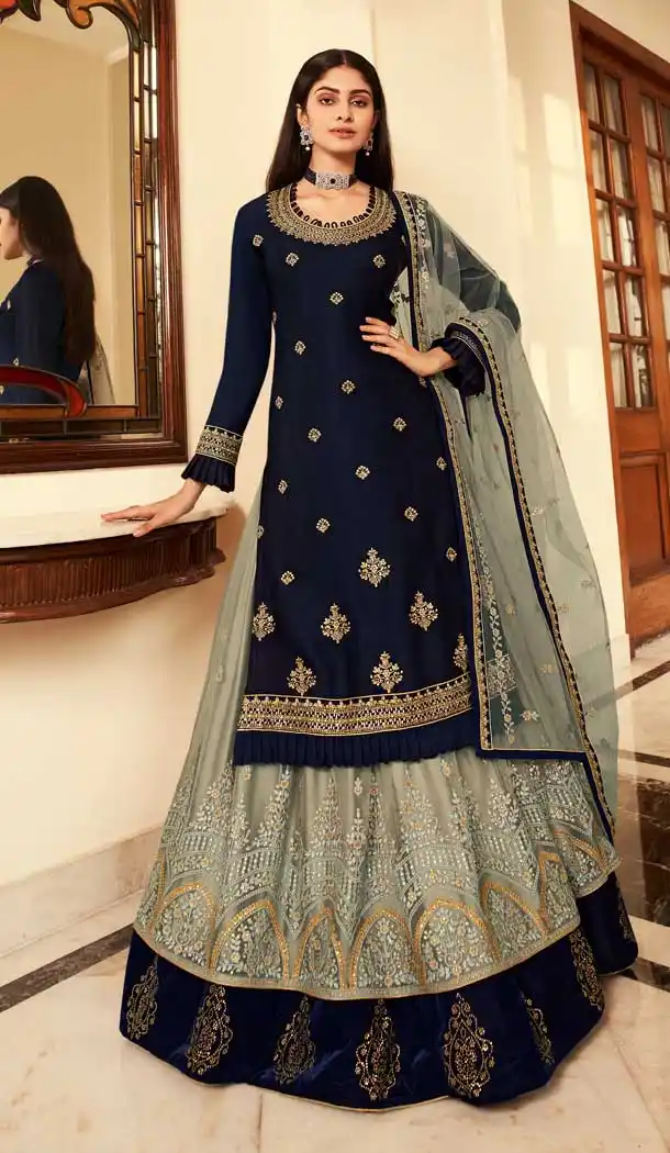 Navy Blue Color Faux Georgette Festive Wear Plus Size Lehenga Suit -2245137473