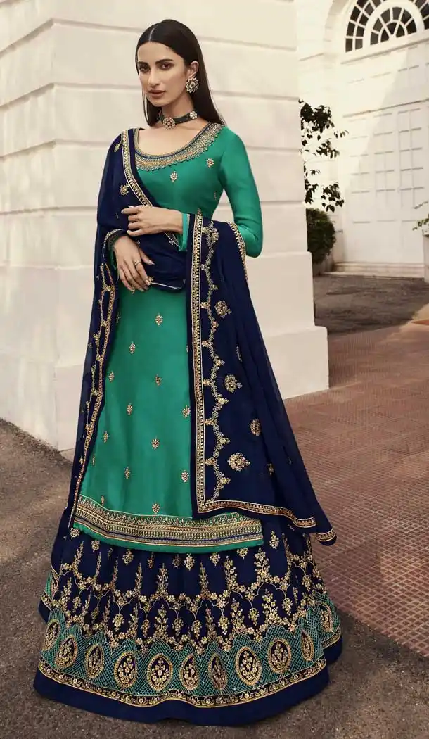 Green Color Faux Georgette Festive Wear Plus Size Lehenga Suit -2245137474