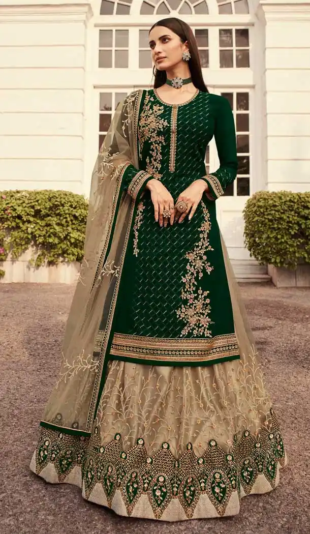 Green Color Faux Georgette Festive Wear Plus Size Lehenga Suit -2245137476