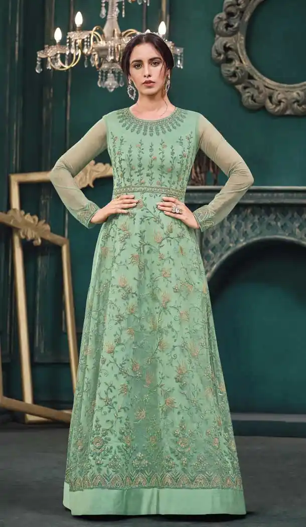 Aqua Green Color Soft Net Embroidery Pakistani Long Length Anarkali Suit -2303138154