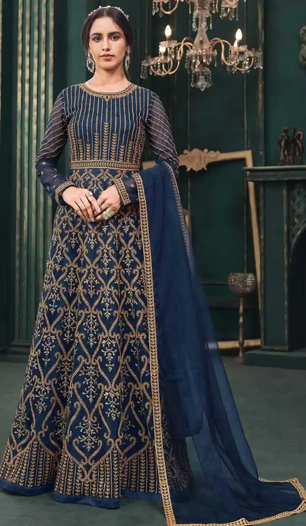 Navy Blue Color Soft Net Embroidery Pakistani Long Length Anarkali Suit -2303138157