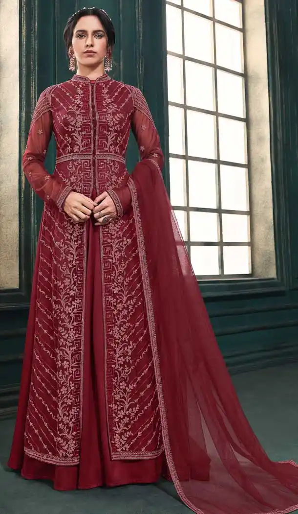 Maroon Color Soft Net Embroidery Pakistani Long Length Anarkali Suit -2303138158