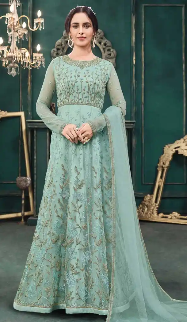 Sky Blue Color Soft Net Embroidery Pakistani Long Length Anarkali Suit -2303138159