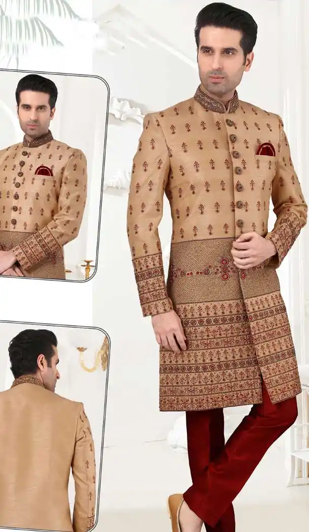 Chikoo Color Art Silk Embroidery Bridal Mens Readymade Sherwani -2307138188