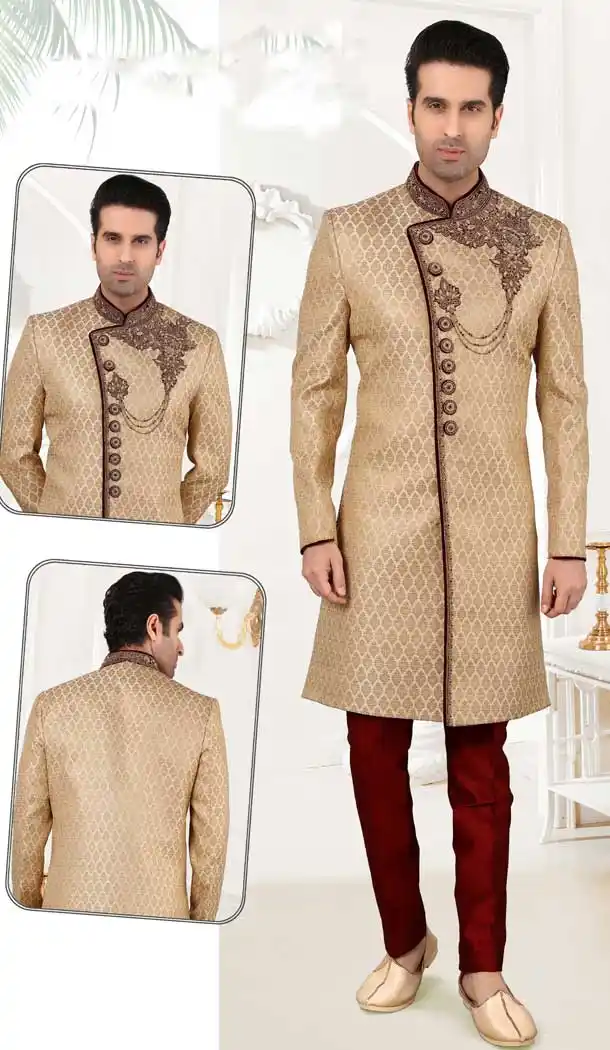 Phone Color Jacquard Embroidery Bridal Mens Readymade Sherwani -2307138189