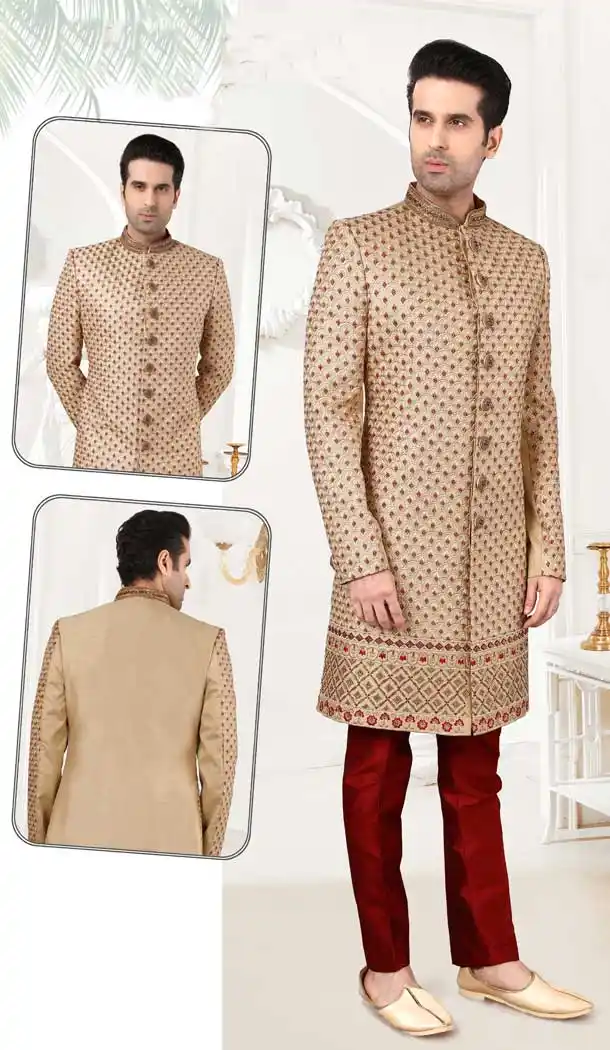 Gold Color Art Silk Embroidery Bridal Mens Readymade Sherwani -2307138190