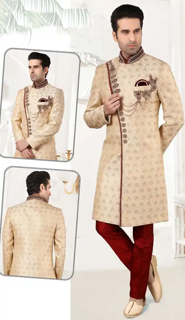 Alluring Phone Color Brocade Embroidery Bridal Mens Readymade Sherwani -2307138191