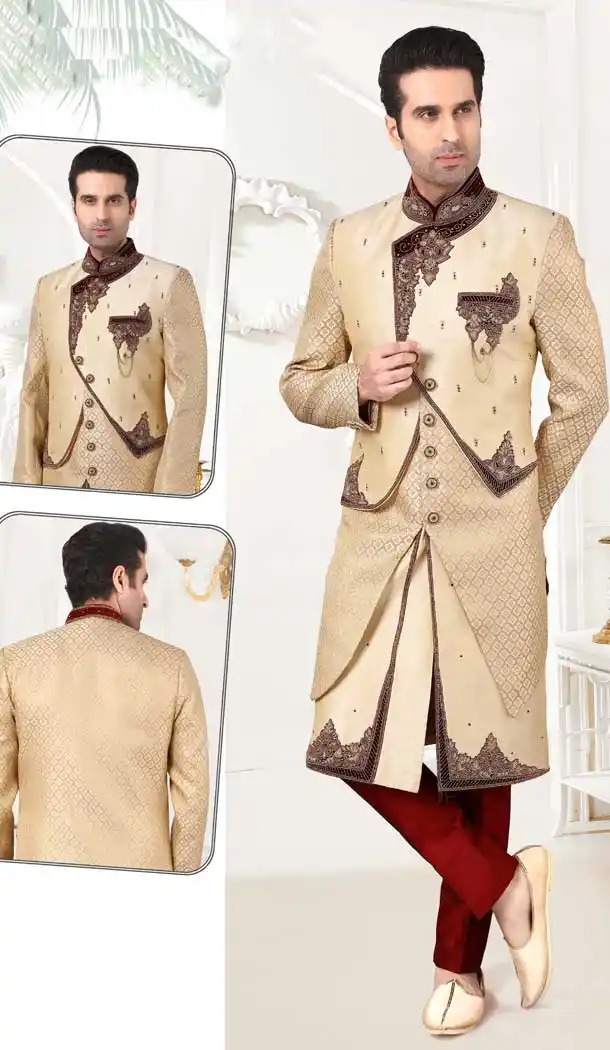 Fancy Gold Color Art Silk Zardosi Work Bridal Mens Readymade Sherwani -2307138193