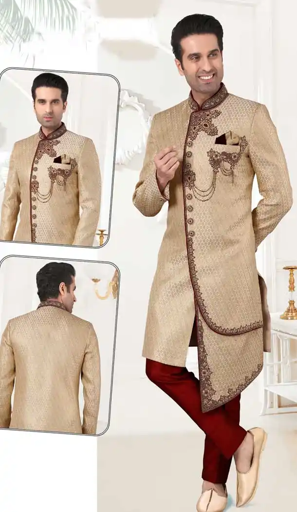 Contemporary Phone Color Jacquard Zardosi Bridal Mens Readymade Sherwani -2307138194