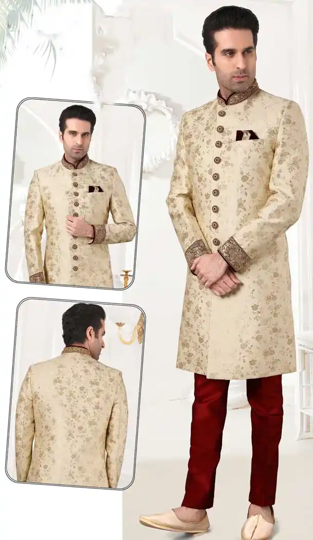 Gold Color Banarasi Brocade Bridal Mens Readymade Sherwani -2307138195