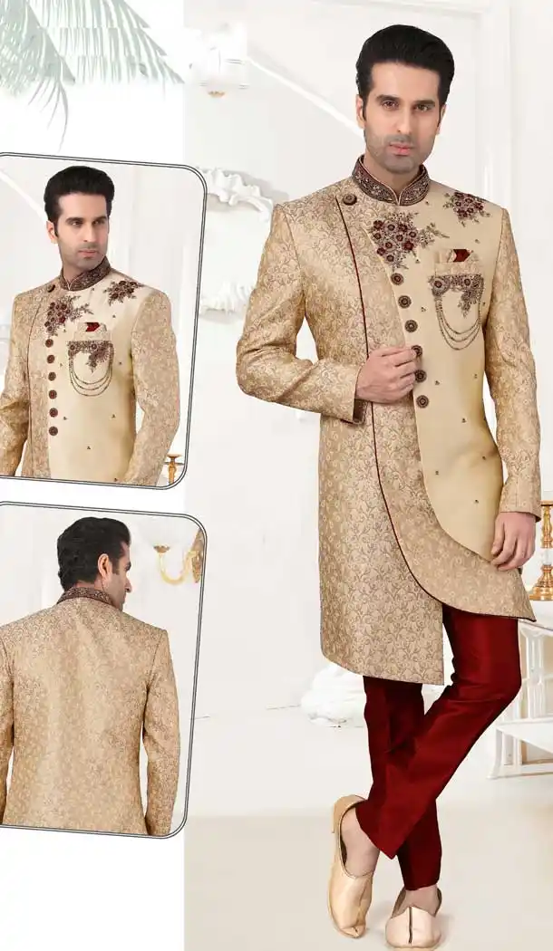Gleaming Gold Color Brocade & Art Silk Bridal Mens Readymade Sherwani -2307138196