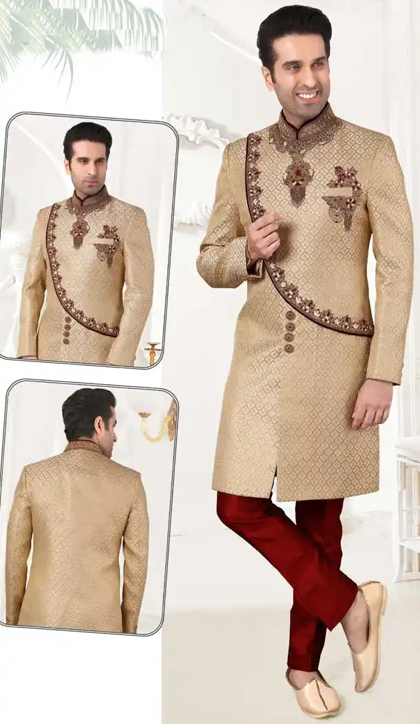 Marvelous Gold Color Jacquard Bridal Mens Readymade Sherwani -2307138197