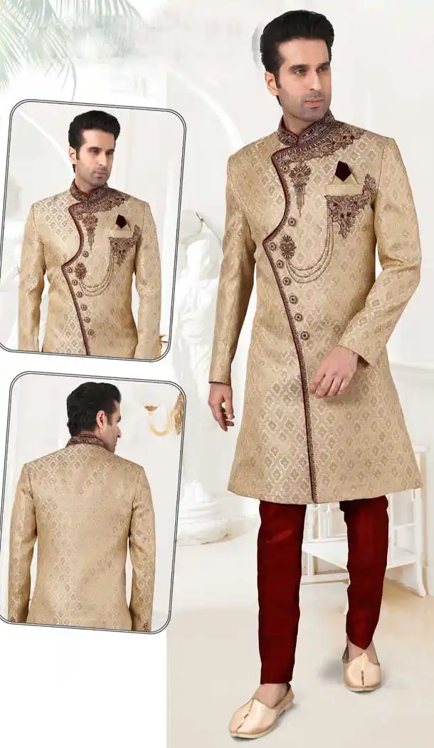 Charming Gold Color Jacquard hand work Bridal Mens Readymade Sherwani -2307138199