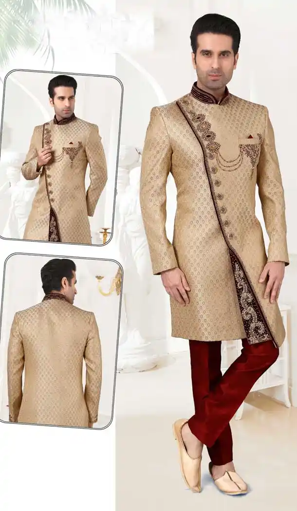Ethnic Gold Color Brocade hand work Bridal Mens Readymade Sherwani -2307138200