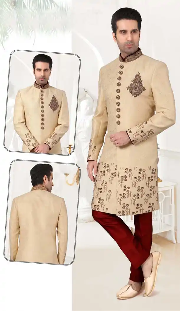 Marvelous Light Gold Color Banarasi Brocade Bridal Mens Readymade Sherwani -2307138201