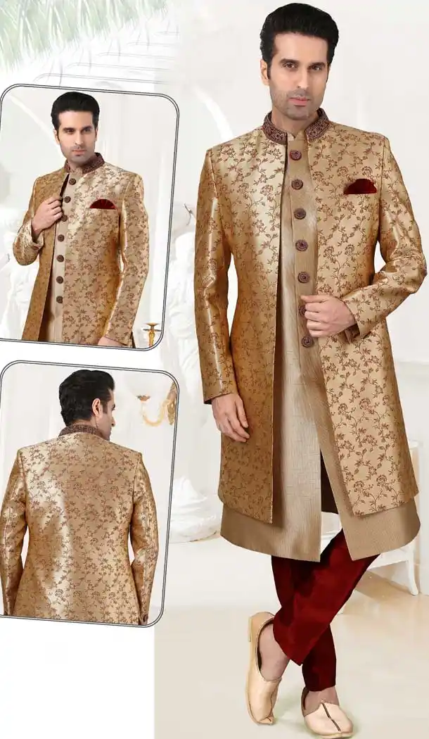 Dark Gold Color Silk Embroidery Bridal Mens Readymade Sherwani -2307138202