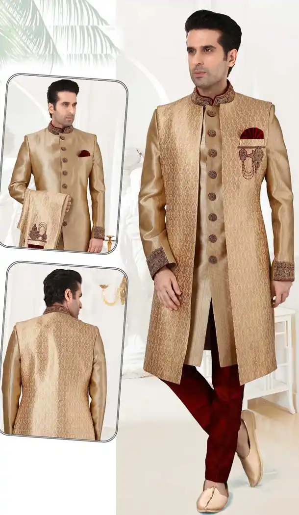 Flamboyant Gold Color Silk Embroidery Bridal Mens Readymade Sherwani -2307138203