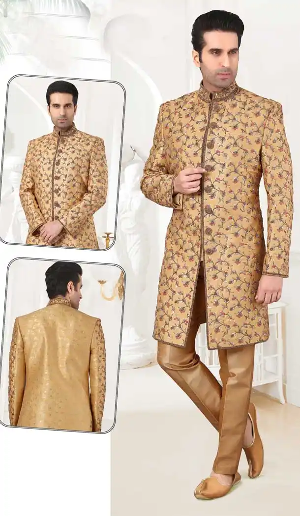 Dark Gold Color Banarasi Brocade Bridal Mens Readymade Sherwani -2307138204