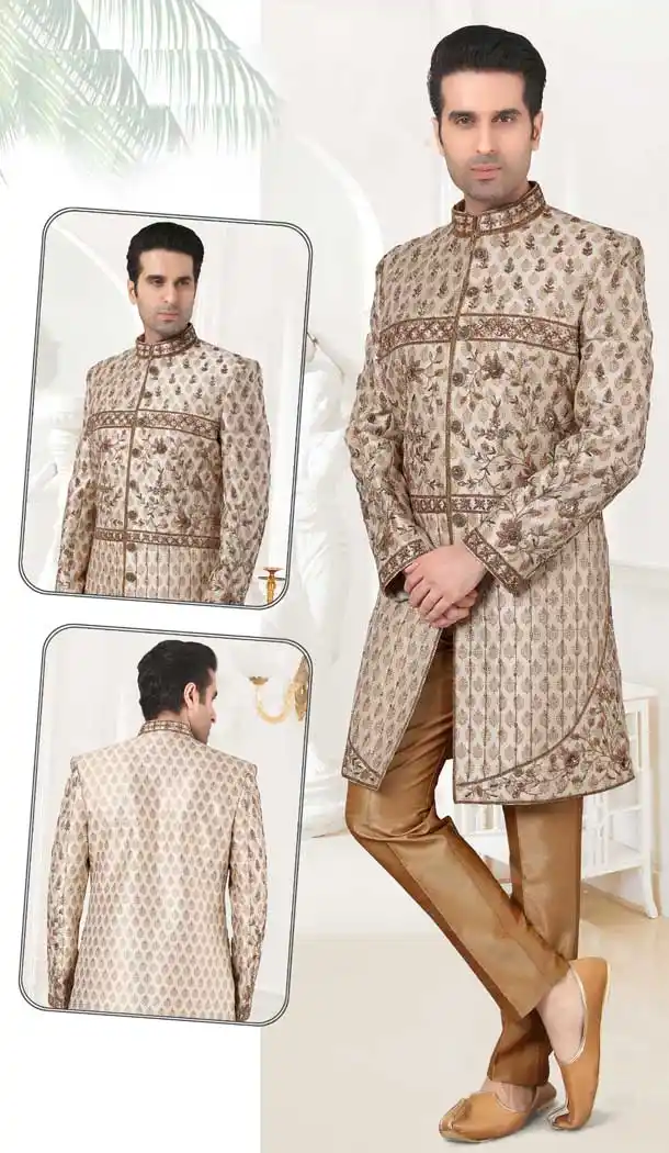 Cream Color Banarasi Brocade Bridal Mens Readymade Sherwani -2307138205