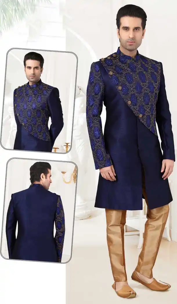 Navy Blue Color Brocade & Artsilk Bridal Mens Readymade Sherwani -2307138210