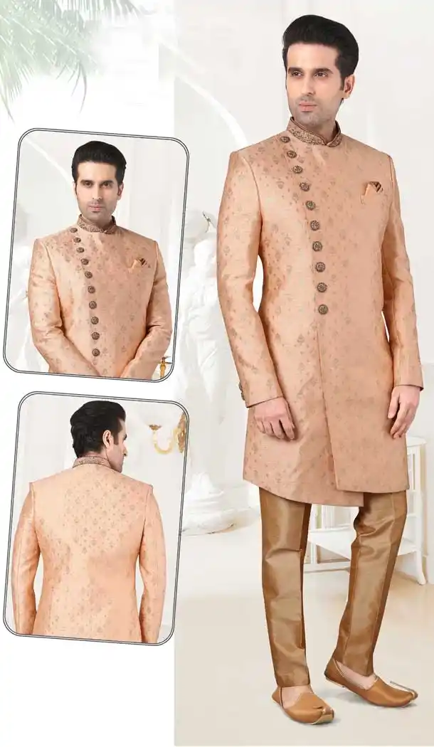 Peach Color Banarasi Brocade Designer Men`s Indo Western Sherwani -2308138111