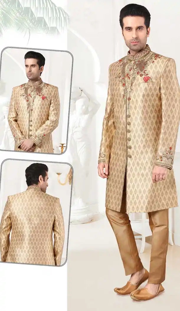 Dark Gold Color Banarasi Brocade Designer Men`s Indo Western Sherwani -2308138115