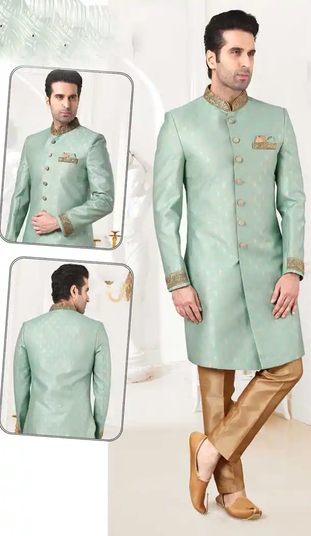 Adorable Feroze Color Banarasi Brocade Designer Men`s Indo Western Sherwani -2308138116