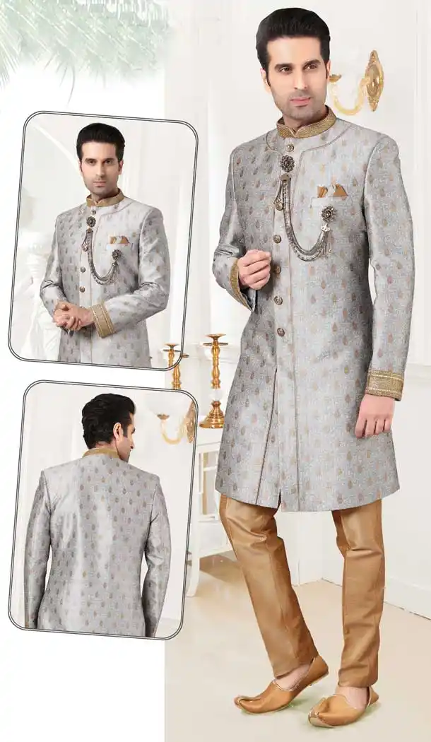 Elegant Grey Color Jaquard Designer Men`s Indo Western Sherwani -2308138119
