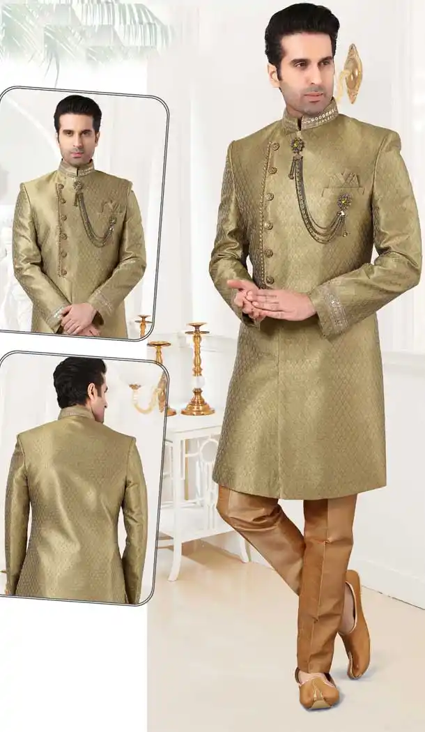 Light Mehndi Green Color Jaquard Designer Men`s Indo Western Sherwani -2308138120