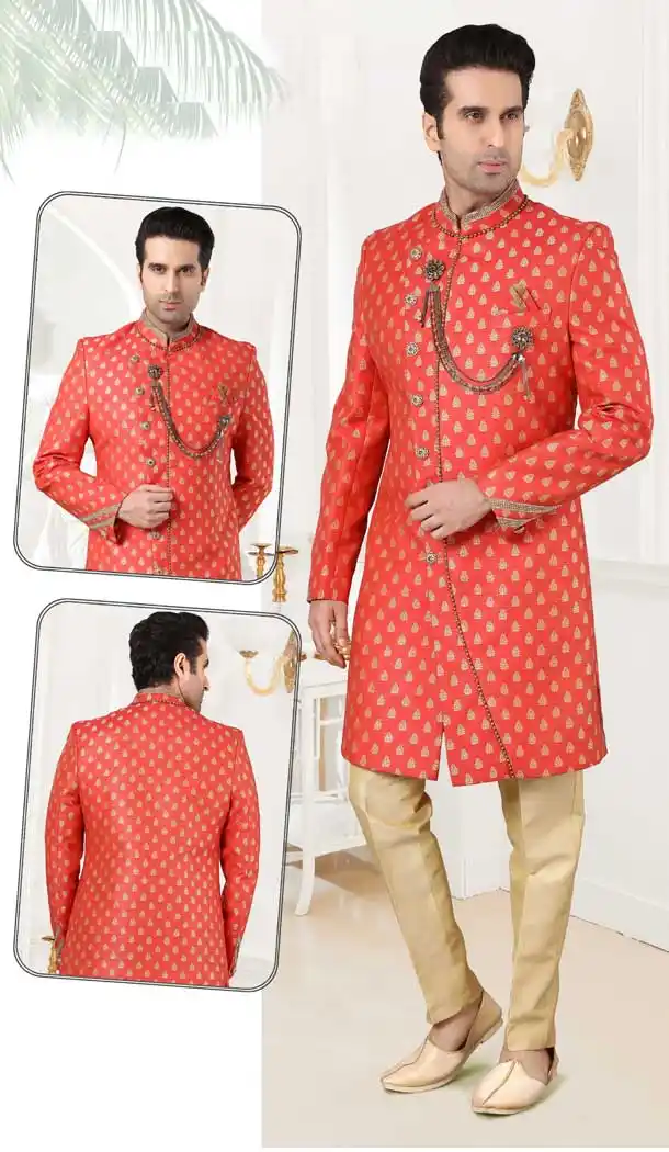 Sparkling Rust Color Jacquard Designer Men`s Indo Western Sherwani -2308138124