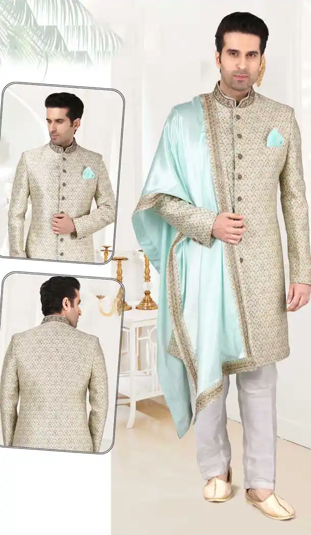 Fascinating Light Pista Color Banarasi Brocade Designer Men`s Indo Western Sherwani -2308138127