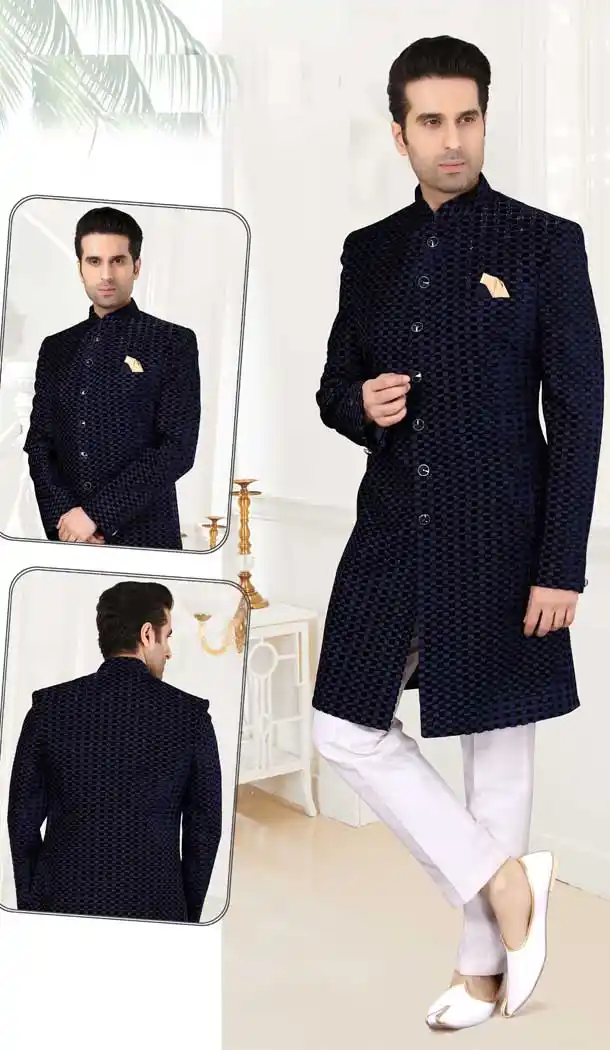 Navy Blue Color Imported velvet Designer Men`s Indo Western Sherwani -2308138128