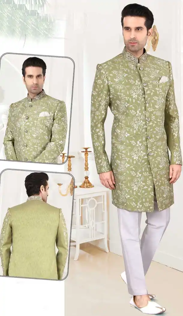 Aesthetic Pista Green Color Art Silk Designer Men`s Indo Western Sherwani -2308138129