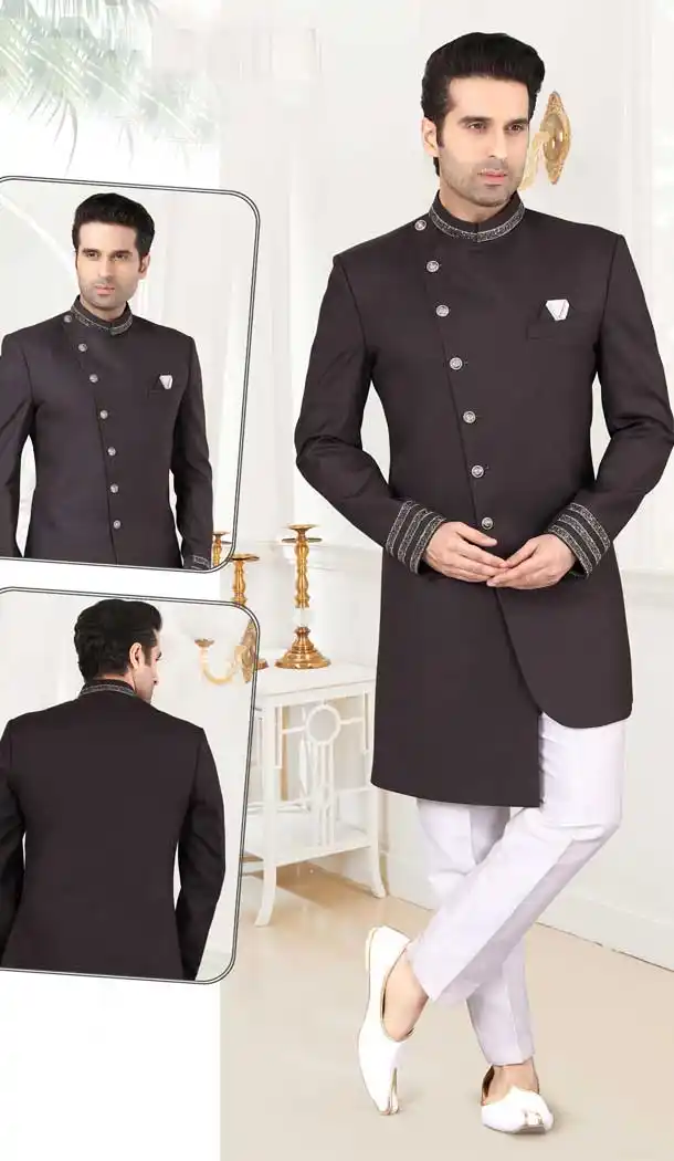 Black Color Imported Suiting Designer Men`s Indo Western Sherwani -2308138130