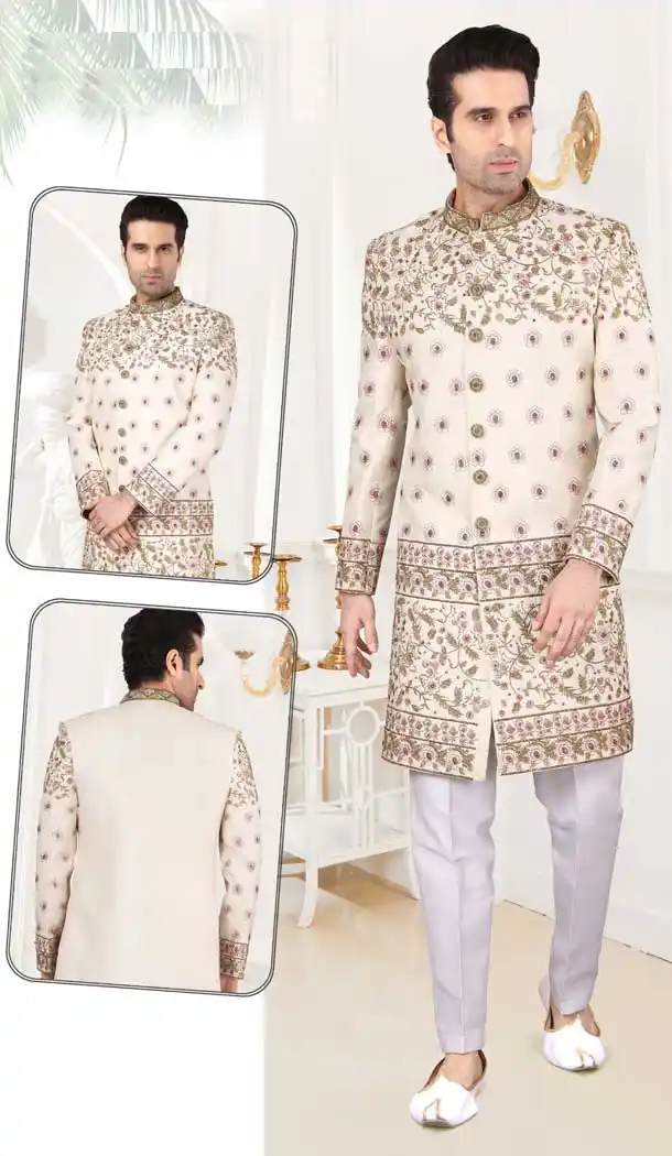 Gold Color Art Silk Designer Men`s Indo Western Sherwani -2308138131