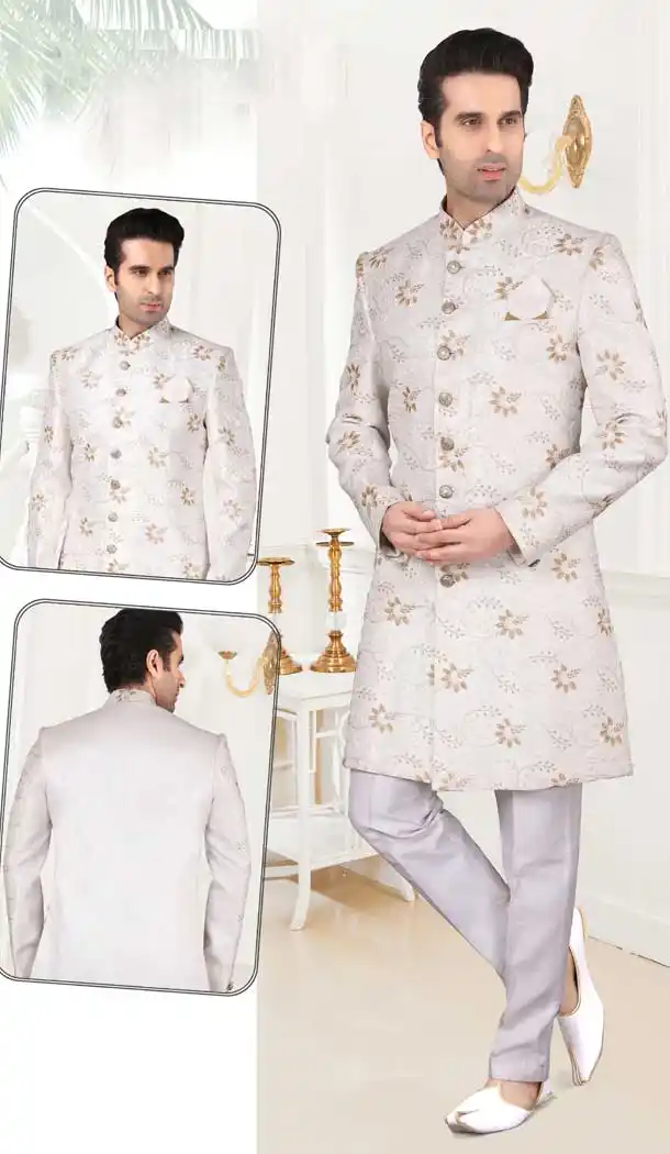 Off White Color Art Silk Designer Men`s Indo Western Sherwani -2308138132