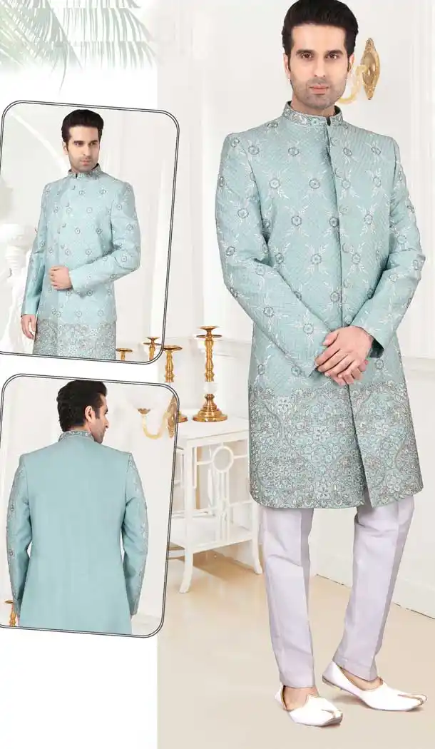 Light Feroze Color Art Silk Designer Men`s Indo Western Sherwani -2308138133