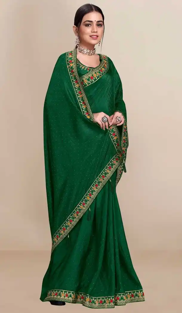 Green Color Vichitra Silk Designer Party Casual Wear Saree - 2381138770