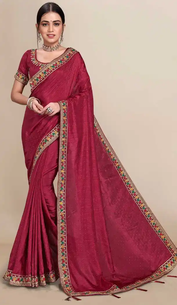 Maroon Color Vichitra Silk Designer Party Casual Wear Saree - 2381138771
