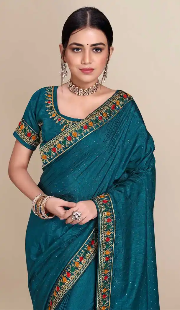 Rama Blue Color Vichitra Silk Designer Party Casual Wear Saree - 2381138772