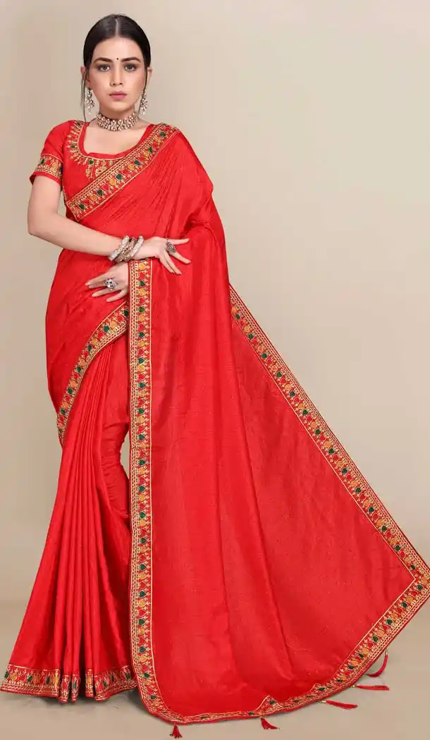 Orange Color Vichitra Silk Designer Party Casual Wear Saree - 2381138773