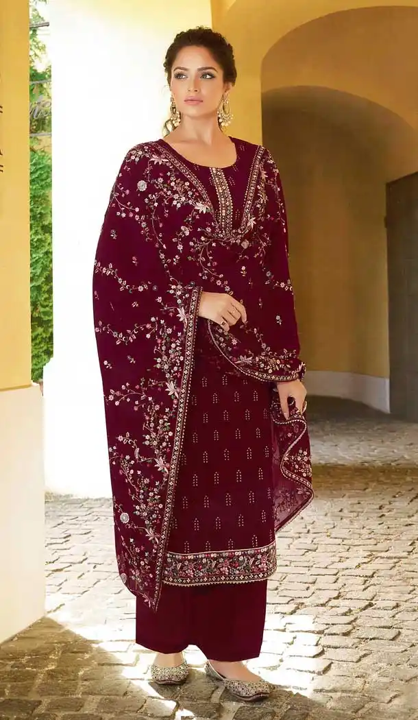 Maroon Color Faux Georgette Festive Party Wear Women Palazzo Suit -2391138836
