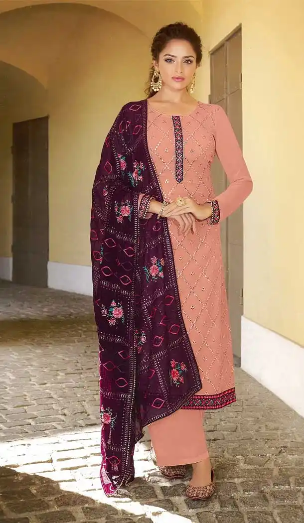 Peach Color Faux Georgette Festive Party Wear Women Palazzo Suit -2391138839