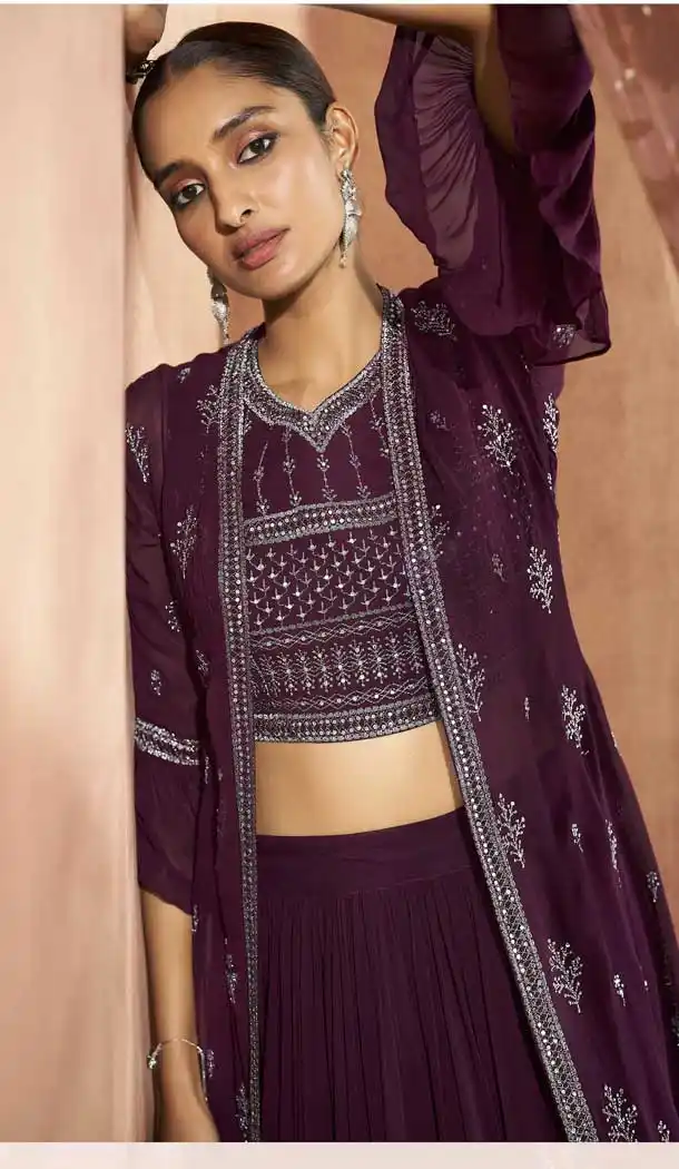 Wine Color Real Georgette Designer Party Wear 3 Pc Readymade Suit -2404138909