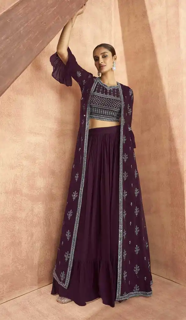 Wine Color Real Georgette Designer Party Wear 3 Pc Readymade Suit -2404138909
